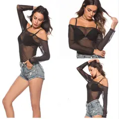 VIA7 - Blusa malla en estraple o cuello bandeja manga larga