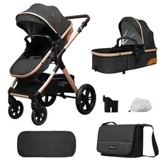 BABY ON - Coche moises de lujo en aluminio Negro + Pañalera