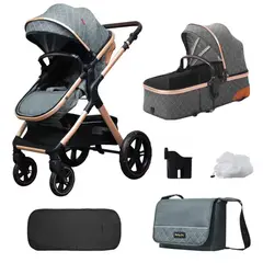 BABY ON - Coche moises de lujo en aluminio Gris + Pañalera