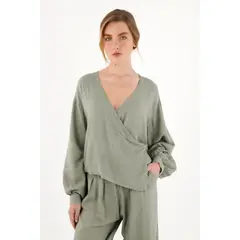 TOPMARK - Camisa manga larga verde para mujer