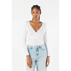 KOAJ - Camiseta manga larga crema clara con escote cruzado Mujer