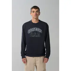 KOAJ - Buzo azul intenso cuello redondo con arte college en fr Hombre