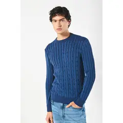 KOAJ - Suéter tejido azul cuello redondo con trenzas Hombre