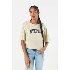 KOAJ - Camiseta kaki clara oversize crop top con arte college Mujer
