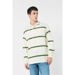 KOAJ - Camiseta polo crema clara con rayas verdes y manga larg Hombre
