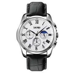 SKMEI - Reloj con Pulso de Cuero Negro Casual Elegante Cronógrafos Fecha