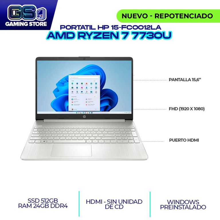 PORTATIL 15-FC0012LA RYZEN 7 7730U 15,6" FHD / RAM 24GB DDR4 3200MHZ / SSD 512GB M.2