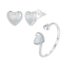ALHAJAS - Anillo Ajustable Y Aretes Corazón Amor Para Mujer