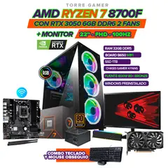 AMD - PC GAMER RYZEN 7 8700F/ RTX 3050 6GB/32GB /1TB SSD /B650 WIFI /600W/4 FANS/22"