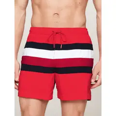 TOMMY HILFIGER - Traje rojo de baño de medio largo y diseño Global Stripe