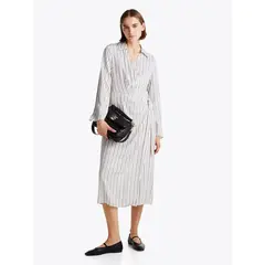 TOMMY HILFIGER - Vestido gris cruzado midi con Cuello en V
