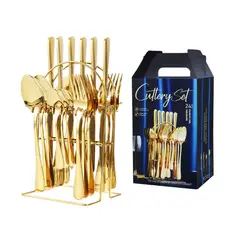 GENERICO - Set Cubiertos De 24 Piezas Acero Inox + Base Dorada