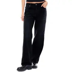COLOR BLUE - Black Denim Medium Waist Wide Leg Jeans