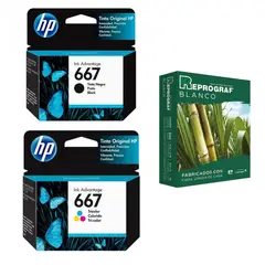 HP - KIT: CARTUCHO 667 NEGRO + 667 TRICOLOR + RESMA