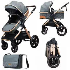 BABY ON - Coche moises de lujo en aluminio Gris + Pañalera