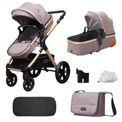 BABY ON - Coche moises de lujo en aluminio Rosa + Pañalera