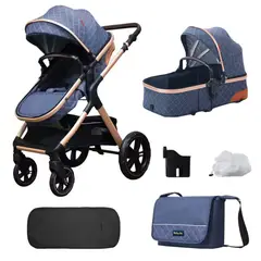BABY ON - Coche moises de lujo en aluminio Azul + Pañalera