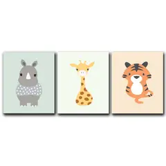 ART INDUSTRY - Triptico Cuadros Niños 40x30 Cms Set14 Rino Jirafa Tigre