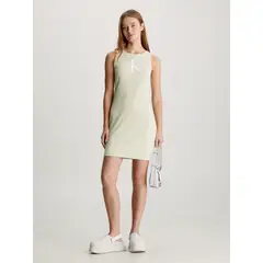 CALVIN KLEIN - Vestido verde de tirantes con monograma de canalé de algodón