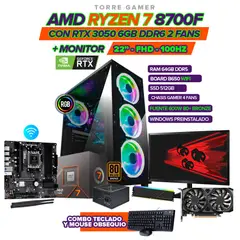 AMD - TORRE GAMER RYZEN 7 8700F/RTX 3050 6GB/64GB DDR5/SSD 512GB/MONITOR 22"