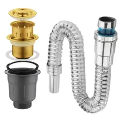GENERICO - Desagüe Canastilla Trampa Acero Dorado Lavaplatos + Sifon Flexible