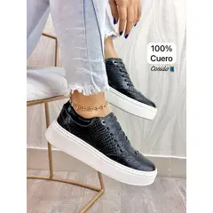 GENERICO - Tenis Dama 100 % Cuero Jacinta Casual Cosidos Mujer-Negro