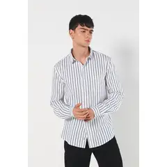 KOAJ - Camisa blanca a rayas manga larga con bolsillo Hombre