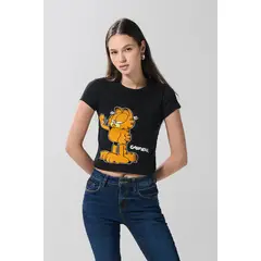 KOAJ - Camiseta en rib negra manga corta con arte de Garfield Mujer