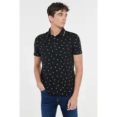 KOAJ - Camiseta polo negra con manga corta y diseños de hojas bl HOMBRE