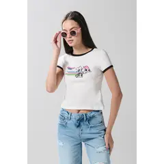 KOAJ - Camiseta manga corta crema con arte de Chicas Superpode Mujer