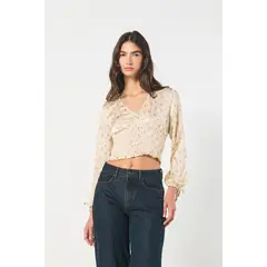KOAJ - Blusa crop top crema estampada con manga larga y escot Mujer