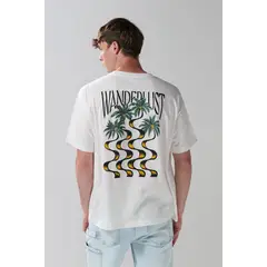 KOAJ - Camiseta manga corta oversize crema con diseños de pla Hombre