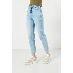 KOAJ - Jean mom súper tiro alto azul con bota recta y bolsill Mujer