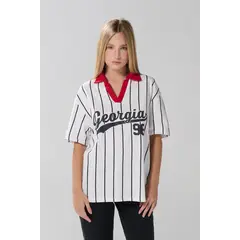 KOAJ - Camiseta oversize crema a rayas manga corta con arte c Mujer