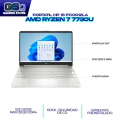 HP - PORTATIL AMD RYZEN 7 7730U 15.6" FHD / RAM 32GB DDR4 3200MHZ/ SSD M.2 512GB (15-FC0012LA)