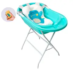 INDUHOGAR - Bañera tina para bebe azul + soporte + cojin + termometro