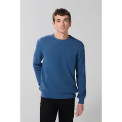 KOAJ - Suéter azul medio cuello redondo tejido con relieve Hombre