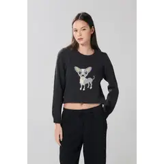 KOAJ - SUETER NEGRO CUELLO REDONDO DETALLE ESTAMPACION EN FRENTE MUJER