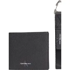 CALVIN KLEIN - Billetera negra y llavero de cuero en set de regalo