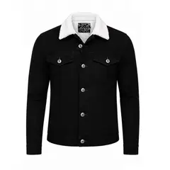 MODA EN CIRCUITO - Chaqueta de Jean para Hombre Negra, Forrada en Ovejero Blanco