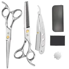 GENERICO - Set tijeras profesionales peluqueria Black Leopard Silver + Navaja