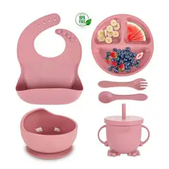 GENERICO - Set de Vajilla Cubiertos Silicona Para Bebé 6 Piezas Babero