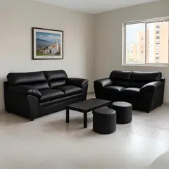 GENERICO - Juego de Sala con puff Chicago 3-2 Puestos Moderno Cuerina Negro