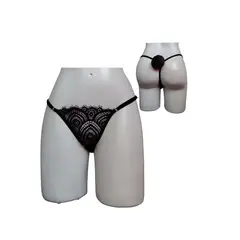 GENERICO - Tanga con Pom Pom en Encaje Tipo Hilo Negro Talla Única