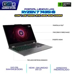 LENOVO - PORTATIL GAMER LOQ RYZEN 7 7435HS 15.6" - 144HZ RTX4060 8GB SSD 1TB RAM 64GB DDR5