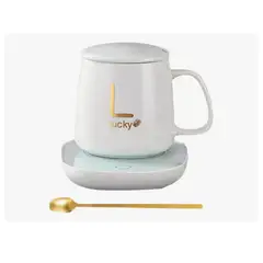 INNOVA - Taza Mug Pocillo Cerámico Base Electrica Calentadora Bebidas Cuchara