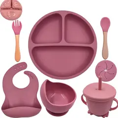 GENERICO - SET PLATO BABERO CUCHARA TENEDOR TAZÓN VASO BEBÉ-ROSA