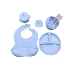 GENERICO - SET PLATO BABERO CUCHARA TENEDOR TAZÓN VASO BEBÉ-AZUL
