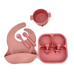 GENERICO - SET PLATO CUADRADO BABERO CUCHARA TENEDOR TAZÓN BEBÉ-ROSA