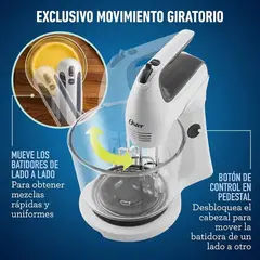 OSTER - Batidora de Mano Oster®, con Tazón de Vidrio, de 6 Velocidades, Blanca